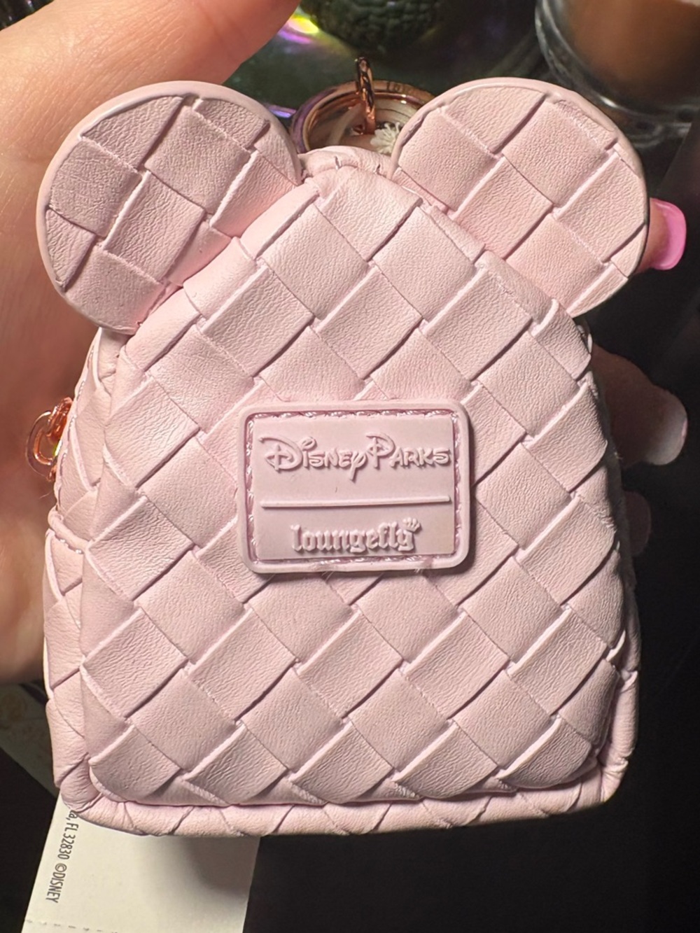 Loungefly Pink Woven Mickey Ear Mini Backpack Keychain new Rose Gold!